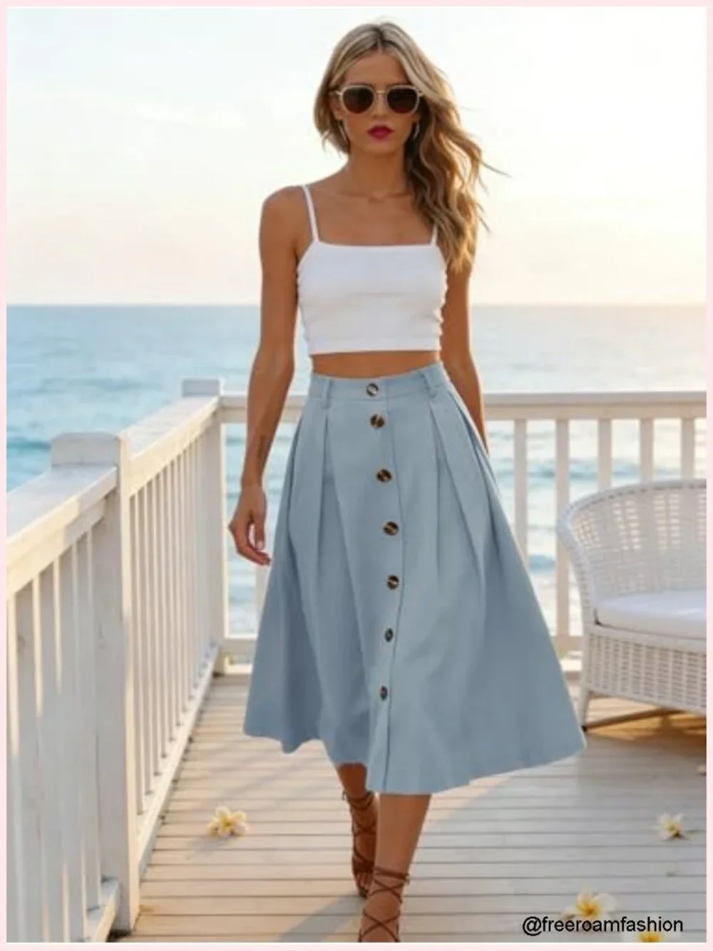 Pleated A-line Midi Skirt Elastic Waist Button Front Flared Skirt with Pockets